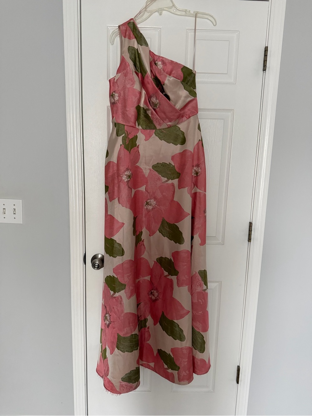 Alex Evenings One-Shoulder Pink/Peach Floral Dress with Green Leaves - Picture 4 of 16